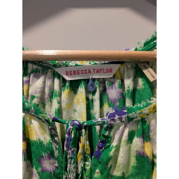 Rebecca Taylor Silk Floral Print Peasant Blouse Top Size 4 Green Yellow Purple - Picture 2 of 8